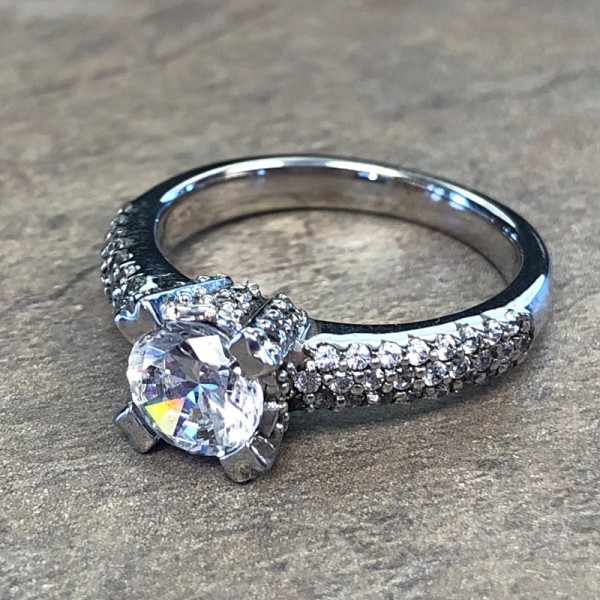 14K White Gold Pave Diamond Accent Engagement Ring